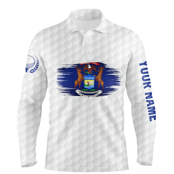 Michigan Flag White Golf Ball Pattern Mens Polo Shirt Custom Patriotic Golf Shirts For Men LDT0499