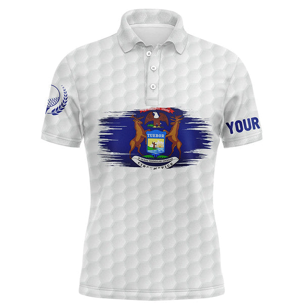Michigan Flag White Golf Ball Pattern Mens Polo Shirt Custom Patriotic Golf Shirts For Men LDT0499
