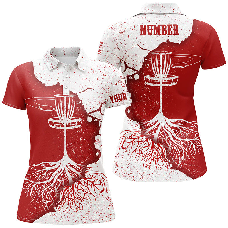 Womens Disc Golf Polo Shirt Red White Grunge Custom Disc Golf Tops For Women Disc Golf Basket LDT1032