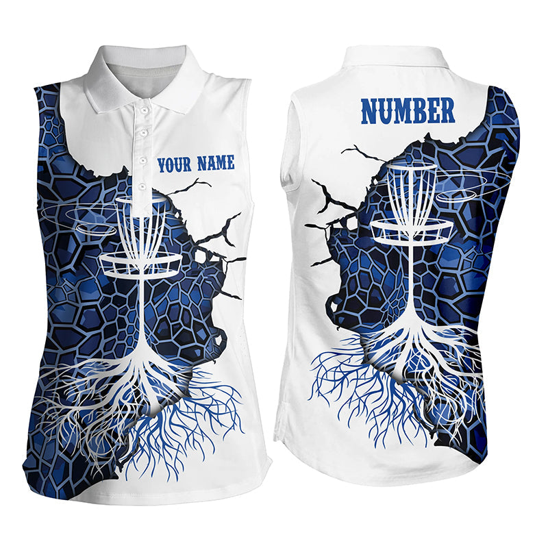 Blue Camo Womens Disc Golf Sleeveless Polo Shirt Geometric Custom Disc Golf Tops For Women Golf Gifts LDT1034
