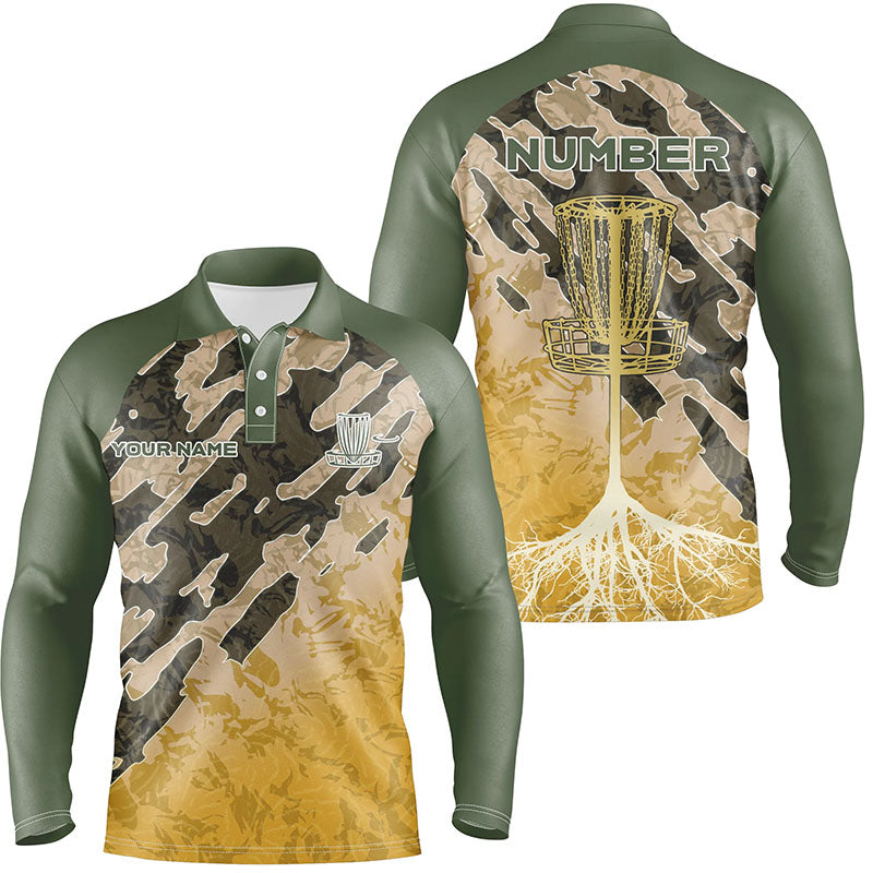 Customized Disc Golf Camo Forest Tribal Green Yellow Mens Golf Polo Shirt Disc Golf Gifts For Men LDT0842