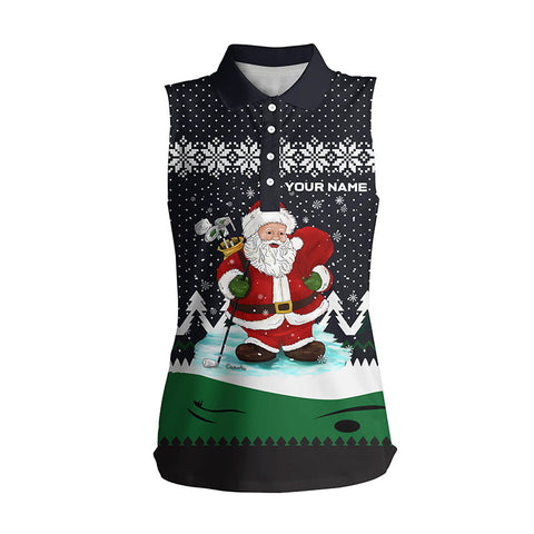 Golf Santa Argyle Pattern Christmas Womens Sleeveless Polo Shirt Custom Golf Tops For Women Golf Gift LDT0852