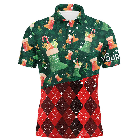Christmas Socks Green Red Argyle Pattern Mens Golf Polos Winter Golf Shirts For Men Golf Gifts LDT0579