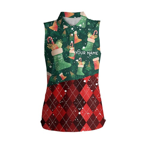 Christmas Socks Green Red Argyle Womens Sleeveless Polo Shirt Winter Golf Shirts For Women Golf Gifts LDT0579