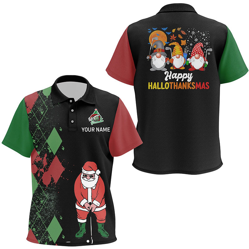 Happy Hallothanksmas Christmas Argyle Santa Playing Golf Kids Unisex Polo Shirt Funny Golf Tops LDT0594