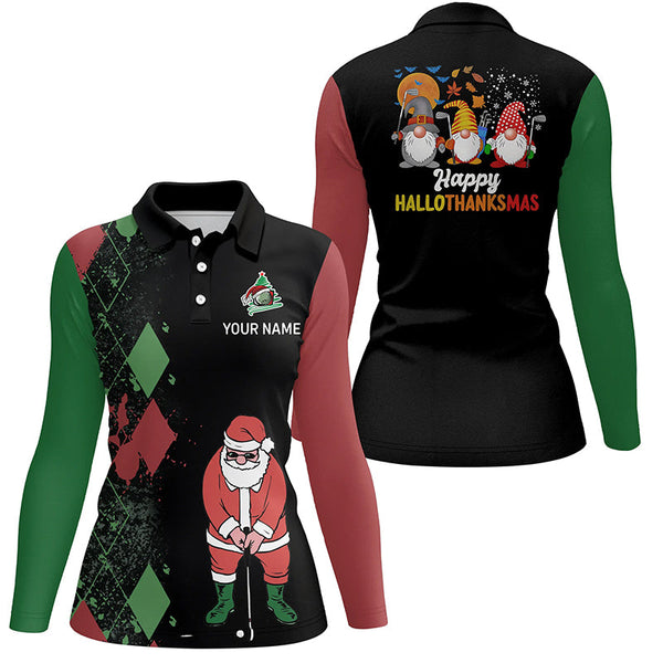 Happy Hallothanksmas Christmas Argyle Santa Playing Golf Womens Polo Shirt Funny Golf Tops LDT0594