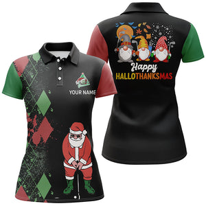 Happy Hallothanksmas Christmas Argyle Santa Playing Golf Womens Polo Shirt Funny Golf Tops LDT0594