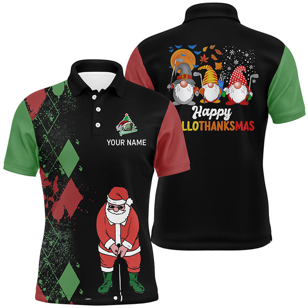 Happy Hallothanksmas Christmas Argyle Santa Playing Golf Mens Polo Shirt Funny Golf Tops LDT0594