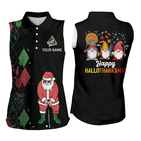 Happy Hallothanksmas Christmas Argyle Santa Playing Golf Womens Sleeveless Polo Shirt Funny Golf Tops LDT0594