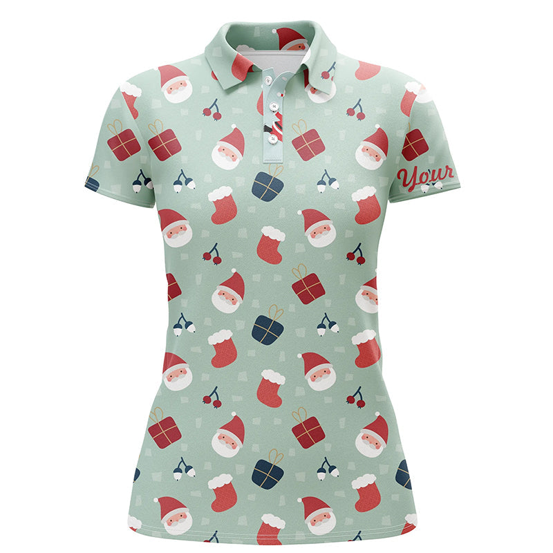 Christmas Pattern With Gifts And Santa Golf Polo Shirts Light Green Golf Shirts For Women LDT0612
