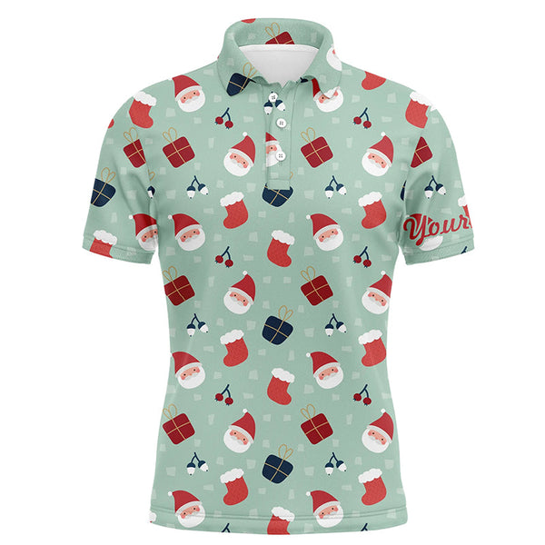 Christmas Pattern With Gifts And Santa Golf Men Polo Shirts Light Green Golf Shirts For Men LDT0612