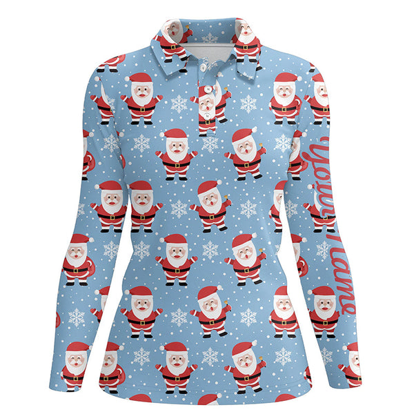 Christmas Santa Snowflakes Womens Golf Polo Shirt Blue Custom Name Funny Golf Gifts For Women LDT0614