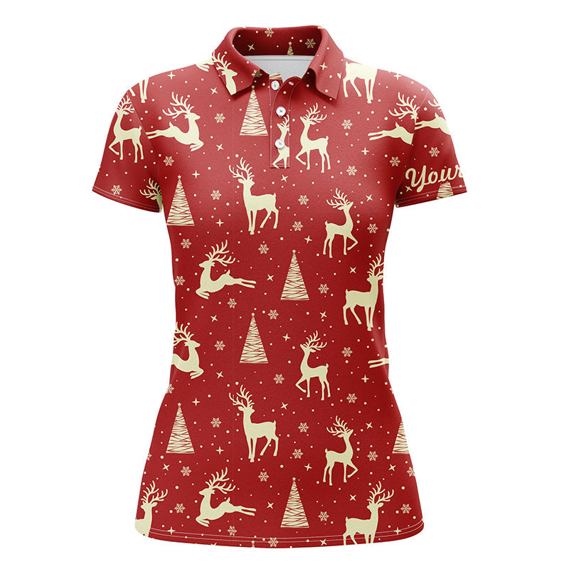 Deer In The Forest Womens Christmas Red Golf Shirts Custom Golf Shirts For Women Golf Gifts LDT0617