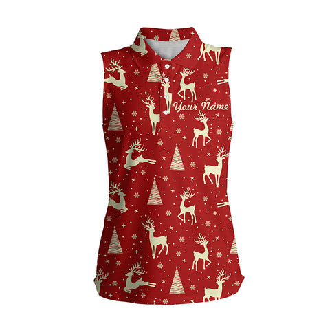 Deer In The Forest Christmas Red Womens Sleeveless Golf Shirt Custom Golf Shirts For Women Golf Gifts LDT0617