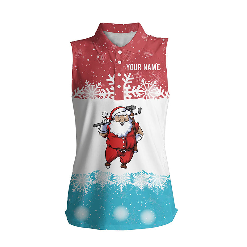 Santa Playing Golf Red Blue Womens Sleeveless Polo Shirt Christmas Golf Shirts For Women Golf Gifts LDT0644