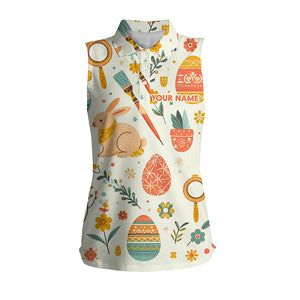 Colorful Easter Eggs & Bunnies Womens Sleeveless Polo Shirt Custom Easter Funny Golf Tops For Women LDT1333