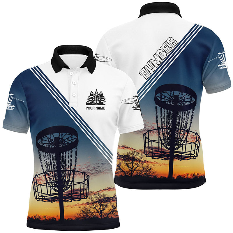 Sunset Personalized Disc Golf Mens Polo Shirt Custom Disc Golf Shirts For Men Disc Golf Basket LDT0947