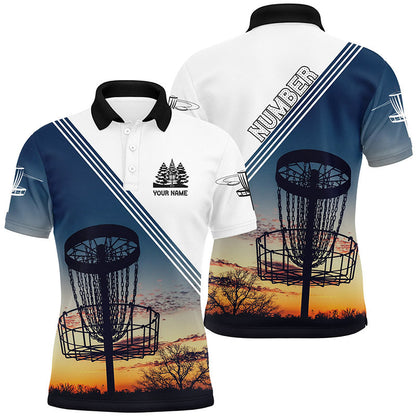 Sunset Personalized Disc Golf Mens Polo Shirt Custom Disc Golf Shirts For Men Disc Golf Basket LDT0947