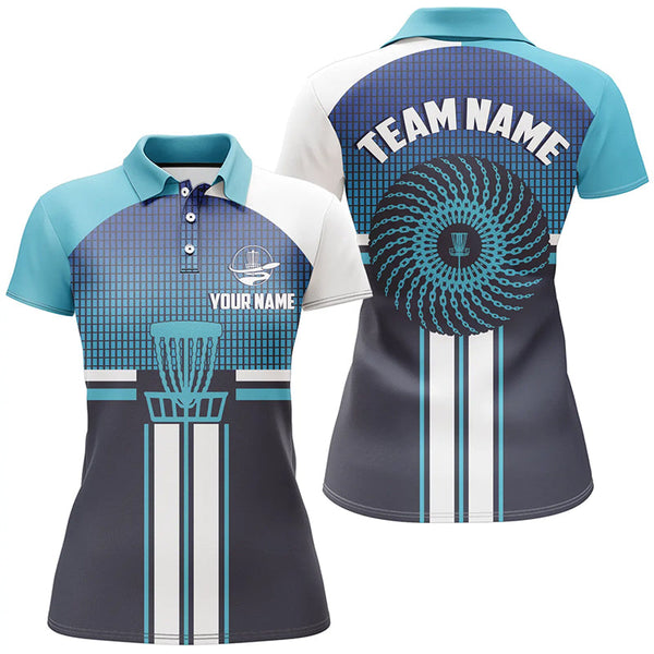 Customized Blue White Womens Disc Golf Polo Shirts Cool Disc Golf Shirt For Women Golf Gifts LDT0747