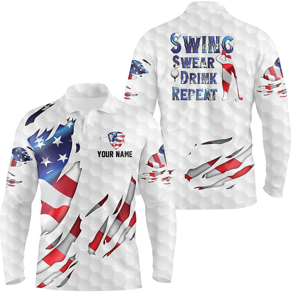 Swing Swear Drink Repeat American Flag Mens Golf Polo Shirt Custom Patriotic Golf Shirts For Men LDT0789