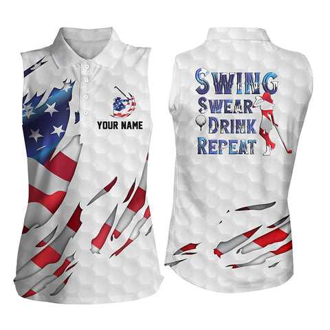Swing Swear Drink Repeat American Flag Womens Sleeveless Polo Shirt Patriotic Golf Shirts For Women LDT0789
