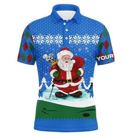 Golf Santa Argyle Pattern Blue Christmas Mens Golf Polo Shirt Custom Golf Shirts For Men Golf Gifts LDT1024