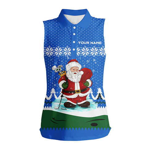 Womens Sleeveless Polo Shirt Golf Santa Argyle Blue Christmas Custom Golf Shirts For Women Golf Gifts LDT1024