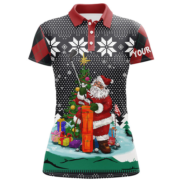 Santa Playing Golf Ugly Christmas Polo Shirt Custom Argyle Pattern Funny Golf Tops For Women LDT1027