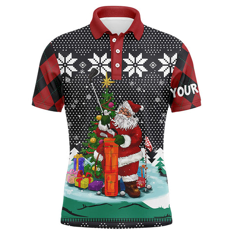Santa Playing Golf Ugly Christmas Mens Polo Shirt Custom Argyle Pattern Funny Golf Shirts For Men LDT1027