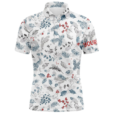 Blue Winter Holly Seamless Custom Mens Golf Polo Shirts Christmas Golf Shirts For Men Golf Gifts LDT0806
