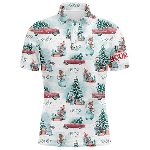 Watercolor Snowmen Christmas Trees Mens Golf Polo Shirt Custom Cozy Christmas Golf Shirts For Men LDT0807