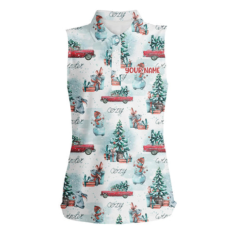Watercolor Snowmen Christmas Trees Womens Sleeveless Polo Shirt Cozy Christmas Golf Shirts For Women LDT0807