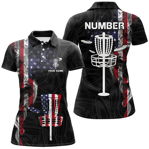 Smoky American Flag Womens Disc Golf Shirt Custom Patriotic Disc Golf Tops For Women Disc Golf Basket LDT1036
