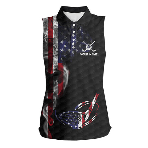 Smoky American Flag Womens Sleeveless Polo Shirt Custom Patriotic Golf Tops For Women Golf Pattern LDT1037