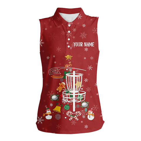 Personalized Disc Golf Red Christmas Womens Sleeveless Polo Shirt Custom Disc Golf Gifts For Women LDT0827