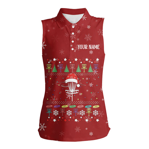 Personalized Disc Golf Red Christmas Womens Sleevelesss Polo Shirt Custom Disc Golf Gifts For Women LDT0828