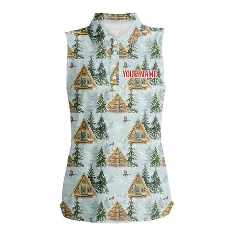 Watercolor Winter Cozy Forest Christmas Womens Sleeveless Polo Shirt Custom Women Golf Tops Golf Gift LDT0833