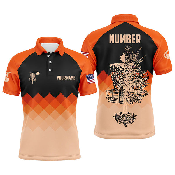 Orange Geometric Pattern Mens Disc Golf Polo Shirt Customized Disc Golf Shirts For Men LDT0514