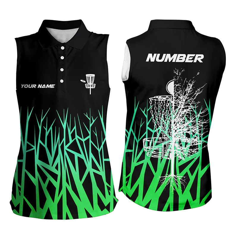 Personalized Disc Golf Womens Sleeveless Polo Shirt Basket Tree Green Gradient Womens Disc Golf Tops LDT1059