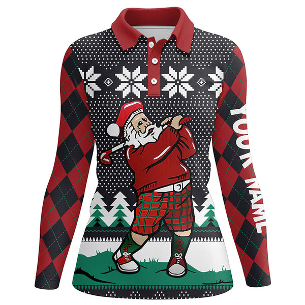 Santa Playing Golf Ugly Christmas Polo Shirt Custom Argyle Pattern Funny Golf Shirt For Women LDT0857