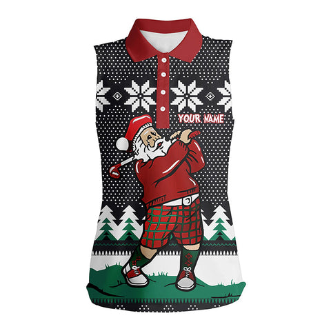 Santa Playing Golf Ugly Christmas Women Sleeveless Polo Shirt Custom Argyle Funny Golf Tops For Women LDT0857