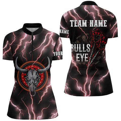 Red Lightning Thunder Bull Skull Darts Quarter Zip Shirt Bulls Eye Darts Jersey For Women LDT0864