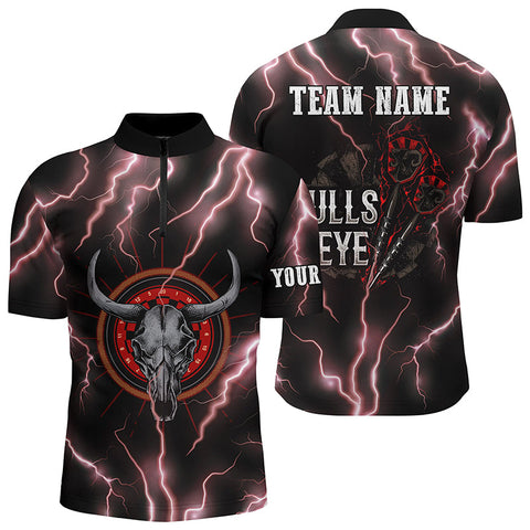 Red Lightning Thunder Bull Skull Darts Quarter Zip Shirt Bulls Eye Darts Jersey For Men LDT0864