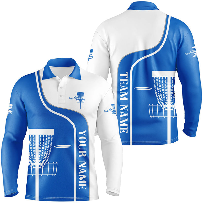 Personalized Disc Golf Basket Blue White Mens Golf Polo Shirt Custom Disc Golf Shirts For Men LDT1250