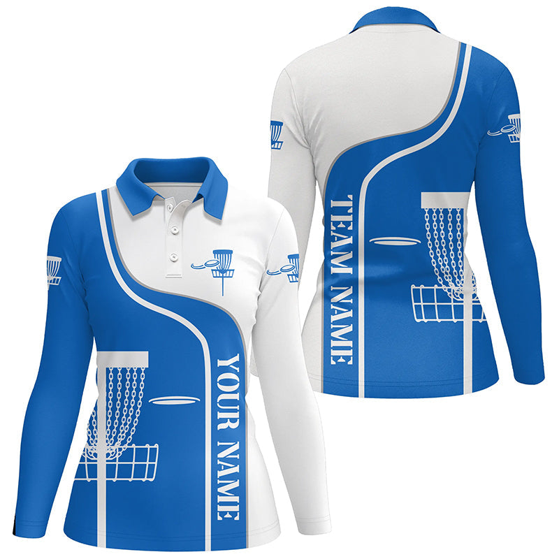 Personalized Disc Golf Basket Blue White Womens Polo Shirt Custom Disc Golf Shirts For Women LDT1250