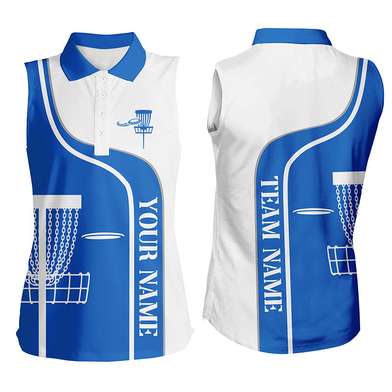 Personalized Disc Golf Basket Blue White Womens Sleeveless Polo Shirt Custom Disc Golf Tops For Women LDT1250