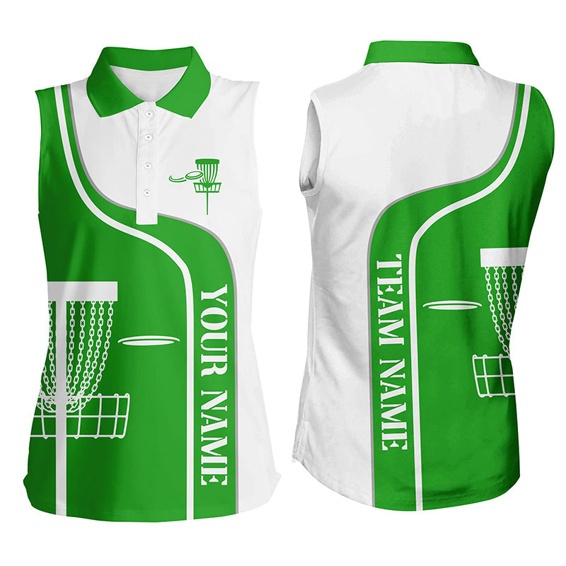 Personalized Disc Golf Basket Green White Womens Sleeveless Polo Shirt Custom Women Disc Golf Shirts LDT1251