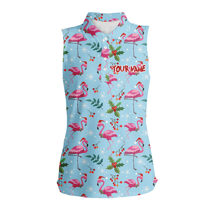 Christmas Flamingo Blue Tropical Womens Sleeveless Golf Polo Shirt Best Xmas Golf Gift Idea For Women LDT0611