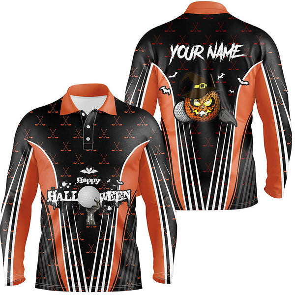 Happy Halloween Mens Golf Polo Shirts Custom Orange Black Golf Shirts For Men, Crazy Golf Gifts LDT0322