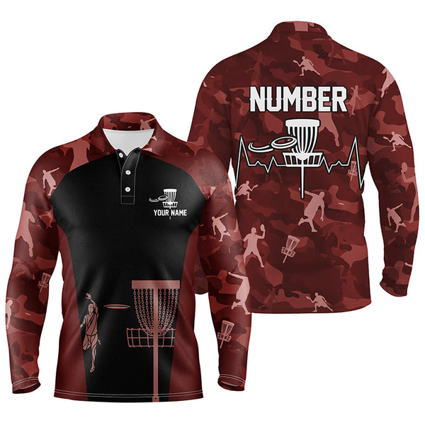 Red Camo Mens Disc Golf Polo Shirts, Custom Camouflage Golf Shirts For Men, Disc Golf Gifts LDT0087